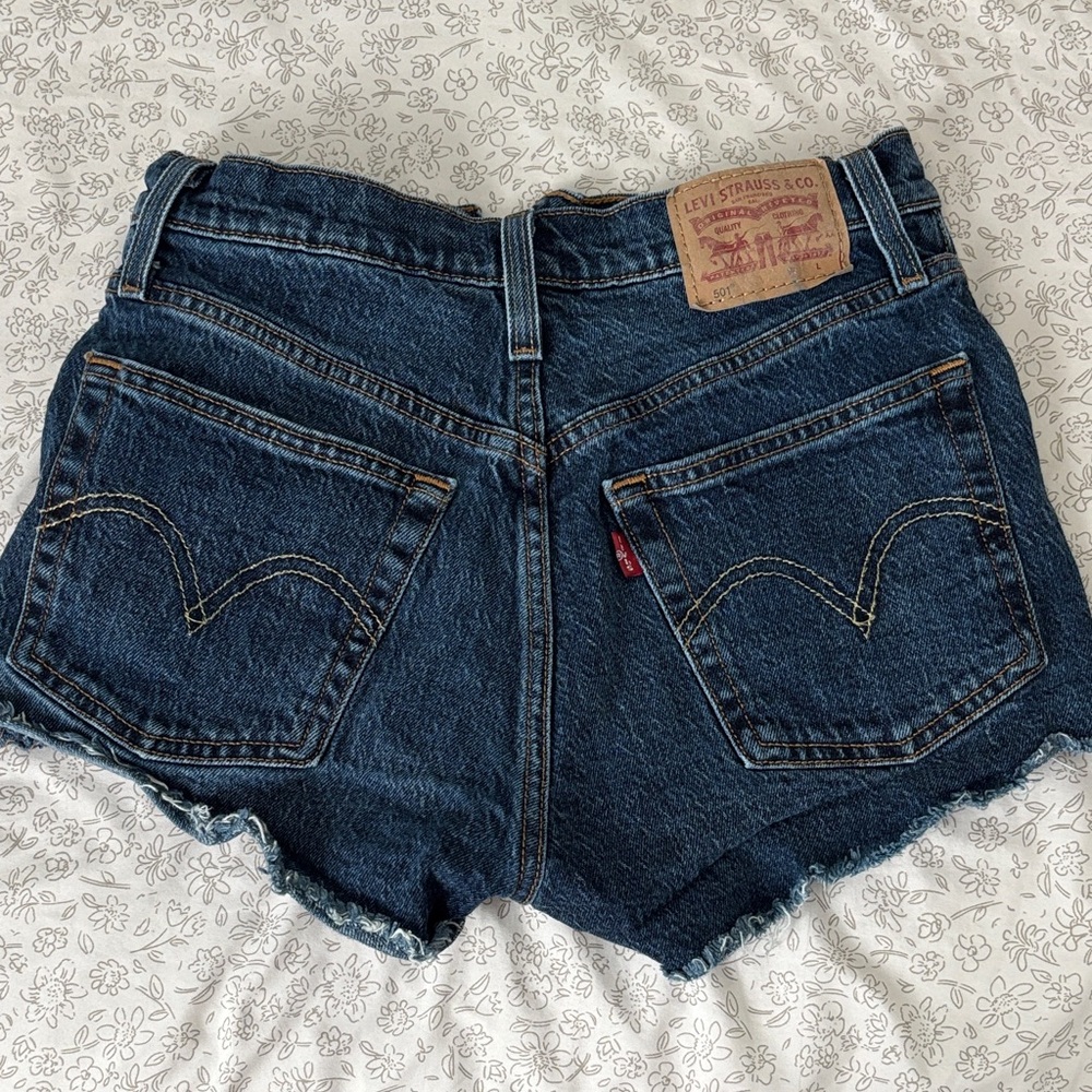 Levi's Dark Blue Distressed Button-Fly Denim Shorts